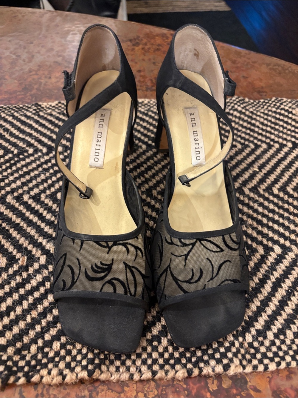 Ann Marino Black Mesh & Suede Floral Peep-Toe Heels